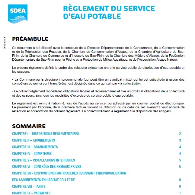 Documentation SDEA sur le réglement du service d'eau potable